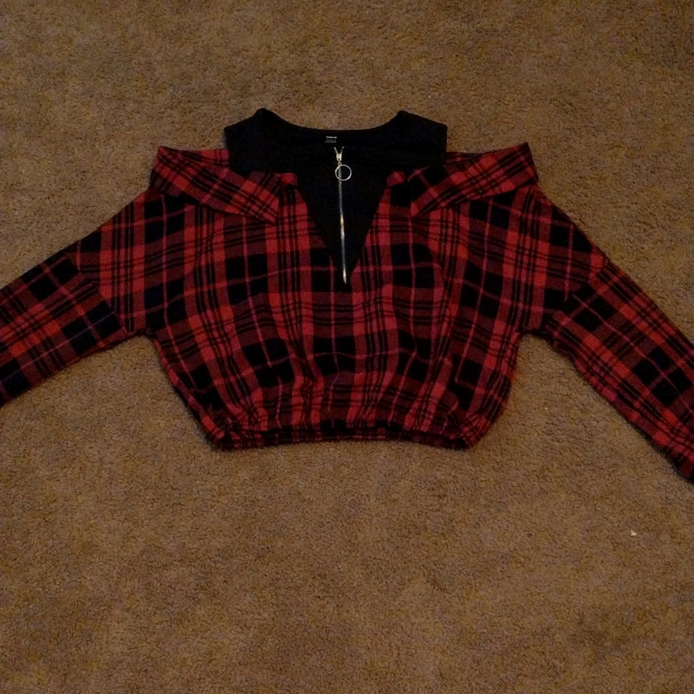 Plaid open shoulder top